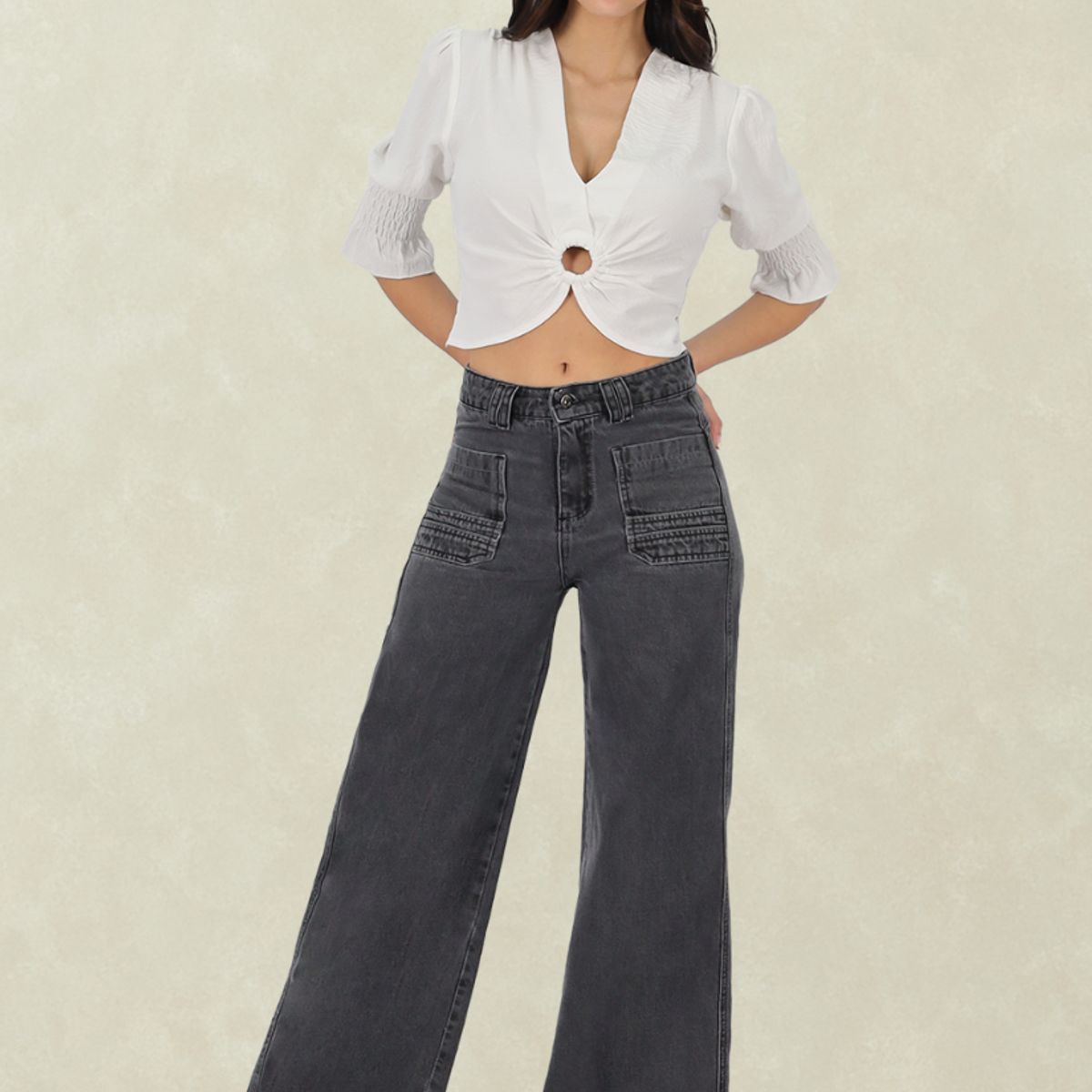 TENTATION - Wide Leg Black Bolsillo Parche