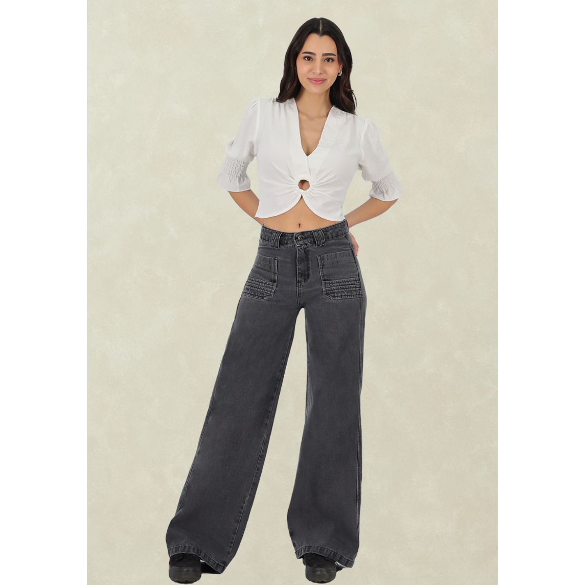 TENTATION - Wide Leg Black Bolsillo Parche