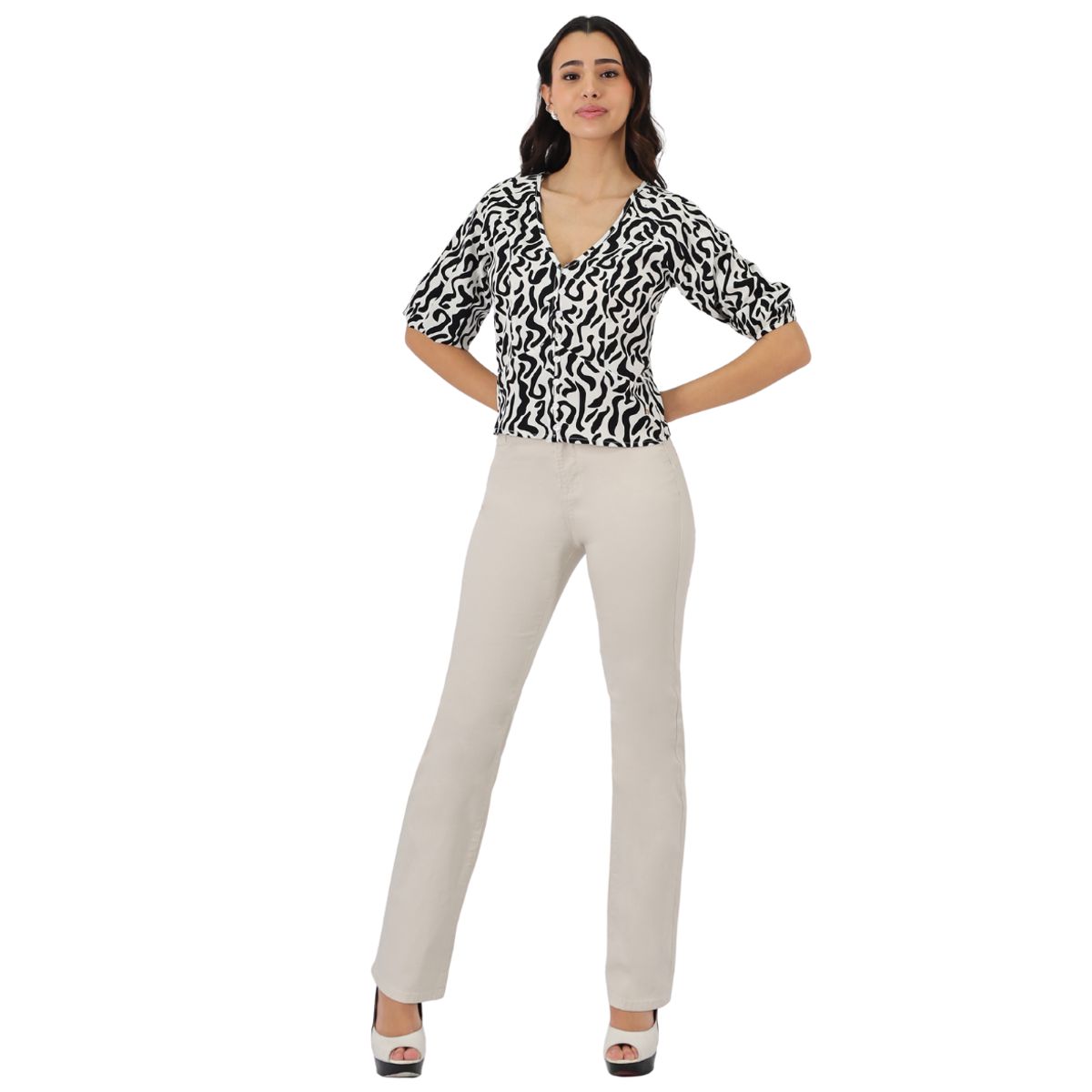 TENTATION - Pantalon Gabardina Recto  Tiro Alto Crudo