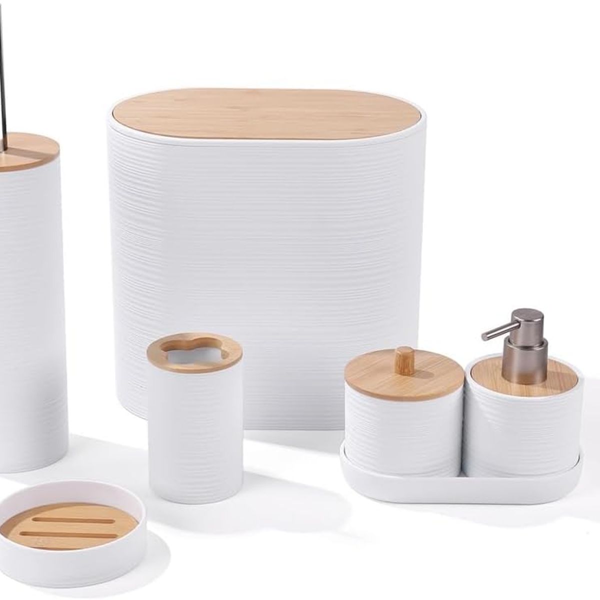 WAKESHOME - Set De 8 Accesorios Para Baño Con Tapa De Bambú Papelera Wc