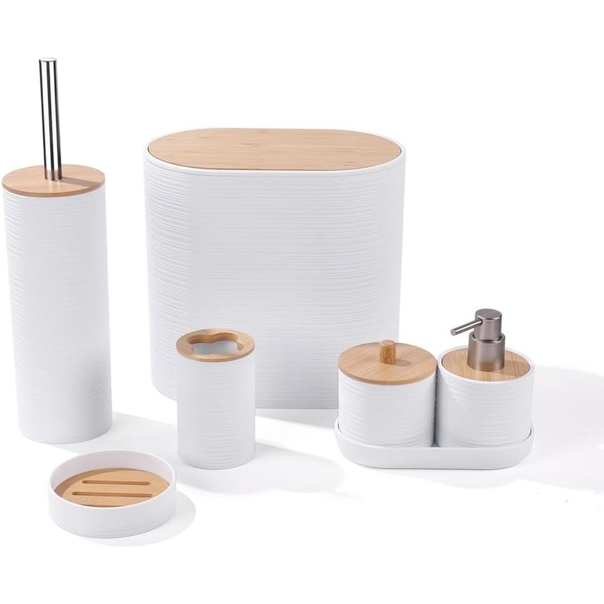 WAKESHOME - Set De 8 Accesorios Para Baño Con Tapa De Bambú Papelera Wc