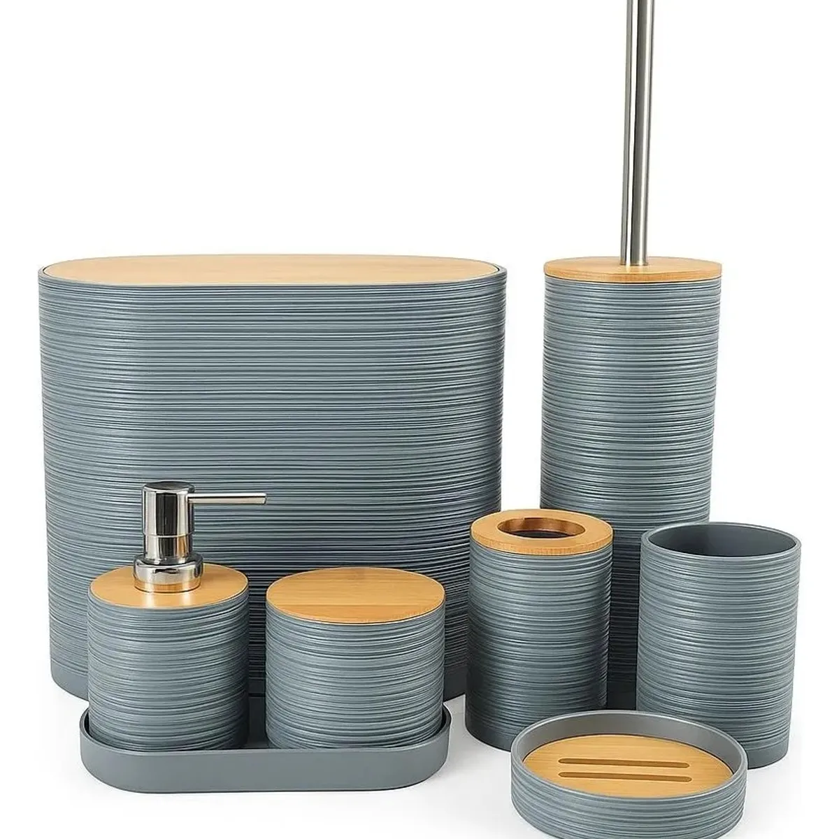 WAKESHOME - Set De 8 Accesorios Para Baño Con Tapa De Bambú Papelera Wc