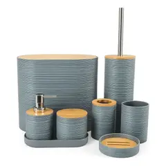 WAKESHOME - Set De 8 Accesorios Para Baño Con Tapa De Bambú Papelera Wc