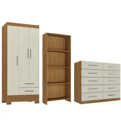 MOVELARIA - Combo Cómoda 10 Cajones + Closet 3 puertas Off White + Librero R101632