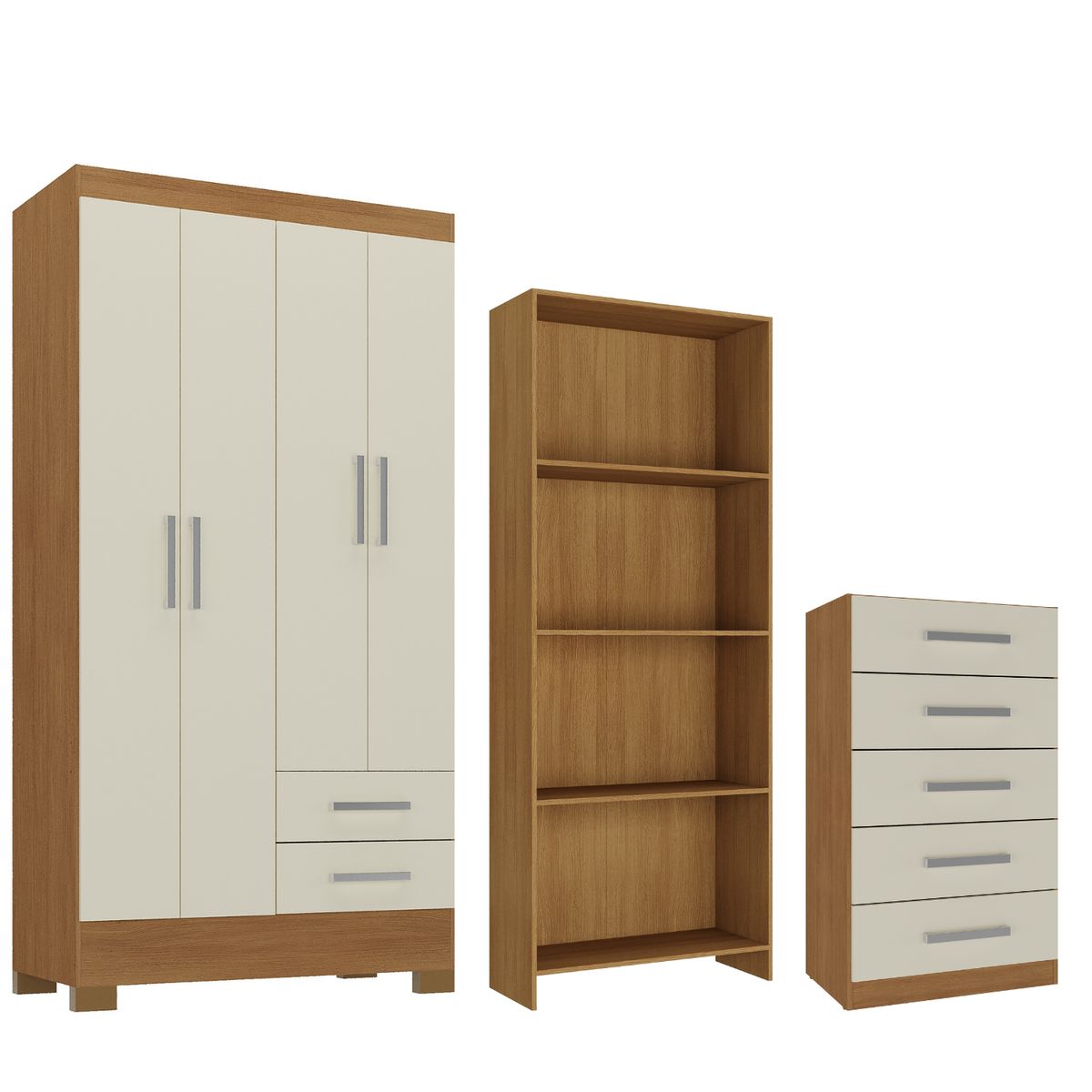 MOVELARIA - Combo Clóset 4 Puertas + Cómoda 5 Cajones Off White + Librero Color Natural R051642