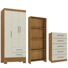 MOVELARIA - Combo Clóset 3 Puertas + Cómoda 5 Cajones Off White + Librero Color Natural R051632