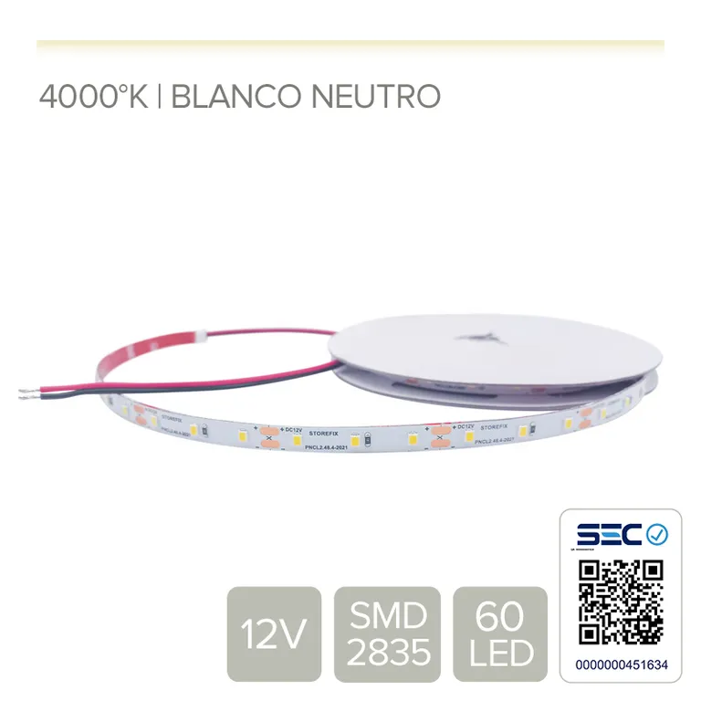 TIRA LED 12V BLANCO NEUTRO DE USO INTERIOR - (Rollo 5 mts)