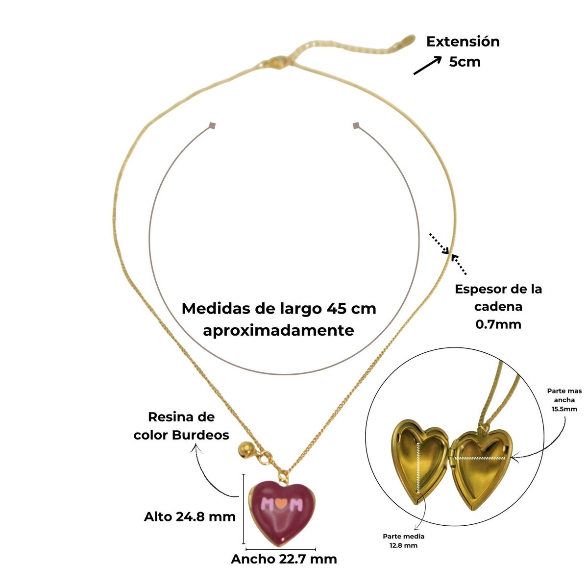 ELBAULDEJUMA - Relicario corazon MAMA burdeos chapado en oro 18k