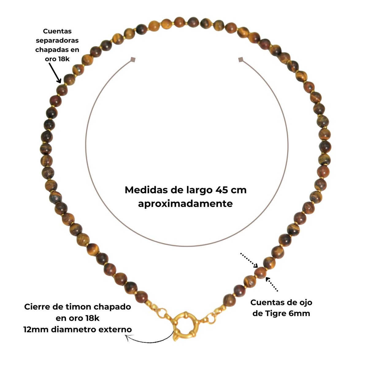 ELBAULDEJUMA - Collar gargantilla ojo de tigre 6mm chapado en oro 18k Terranova