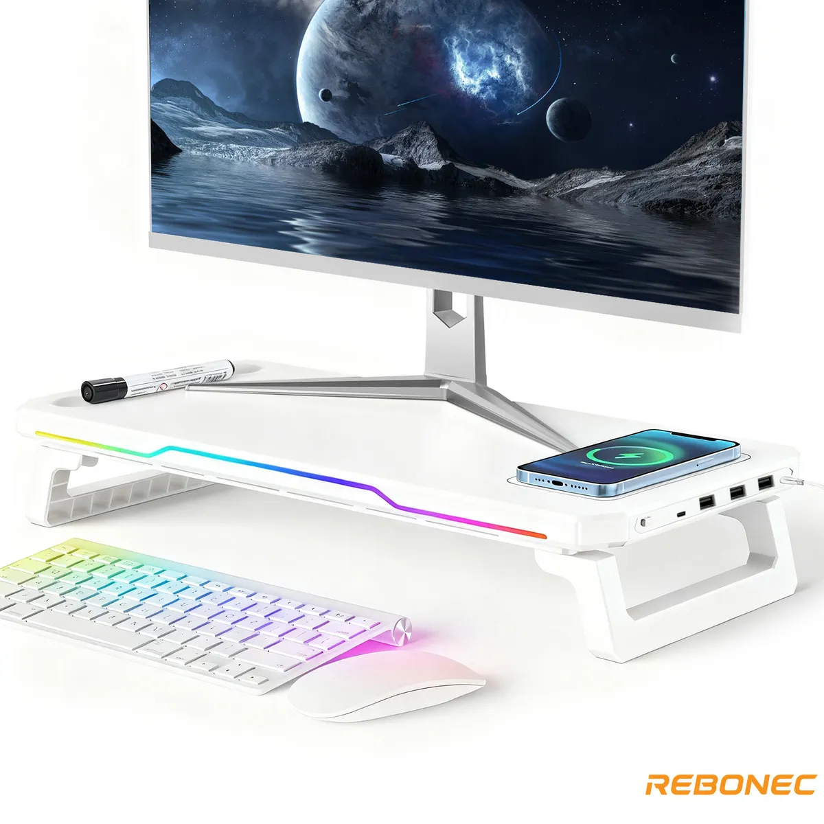 REBONEC - Base Soporte Monitor 2 Alturas 4USB Carga Inalámbrica Blanco