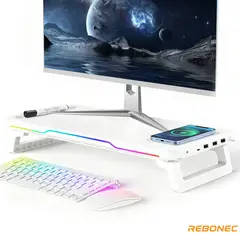 REBONEC - Base Soporte Monitor 2 Alturas 4USB Carga Inalámbrica Blanco