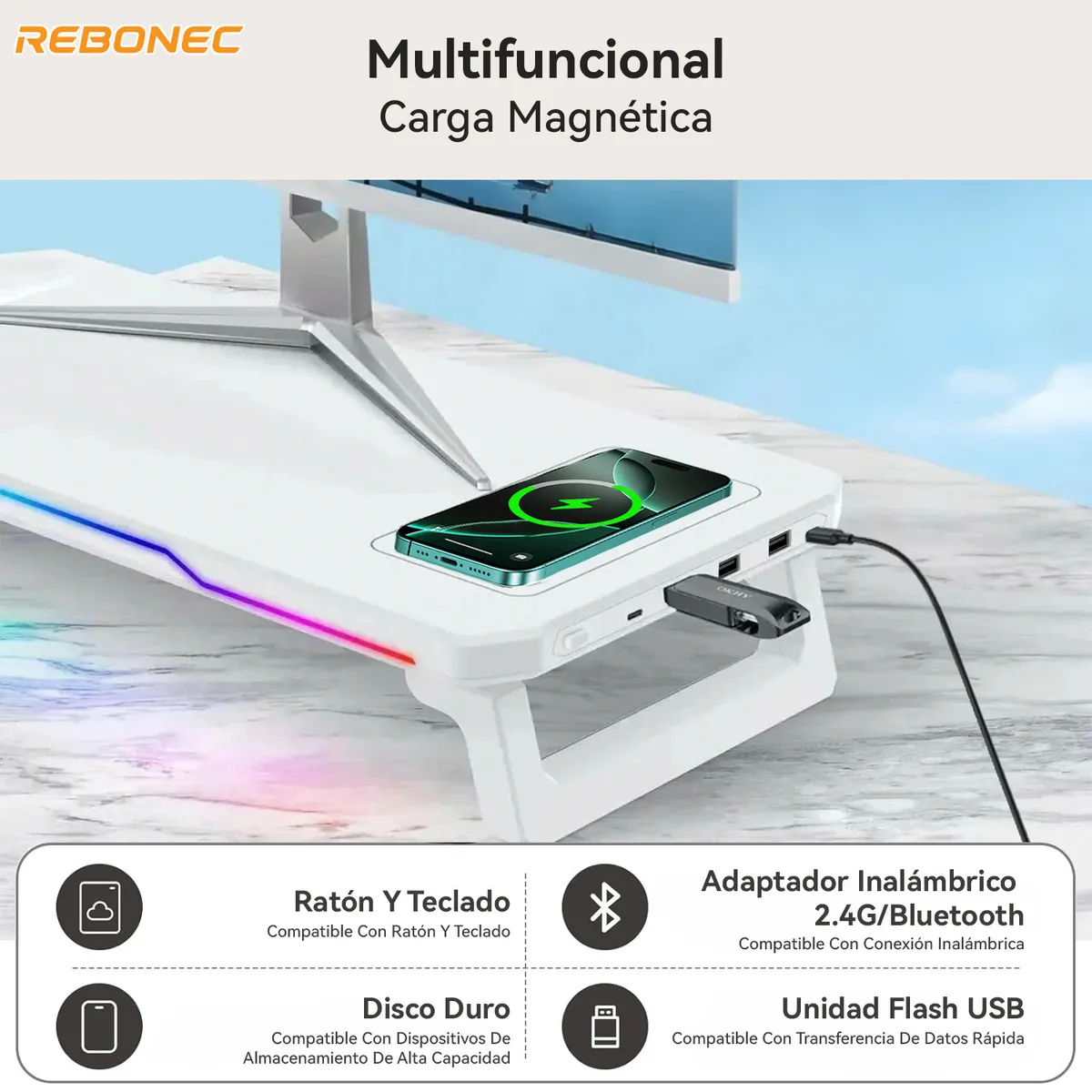 REBONEC - Base Soporte Monitor 2 Alturas 4USB Carga Inalámbrica Blanco
