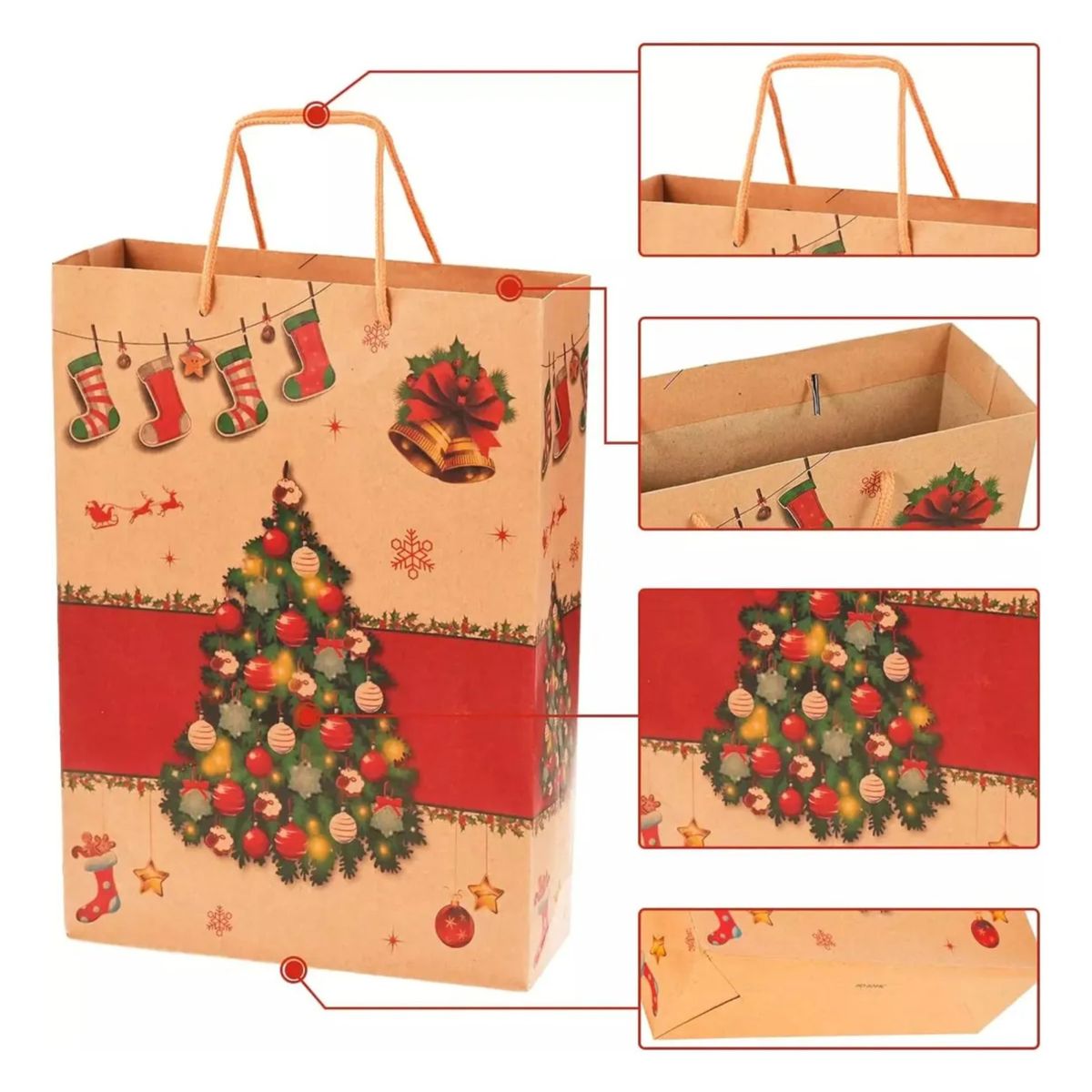 GENERICO - 12 Bolsas Regalo Navidad Kraft Medianas Premium  + 10 Cintas