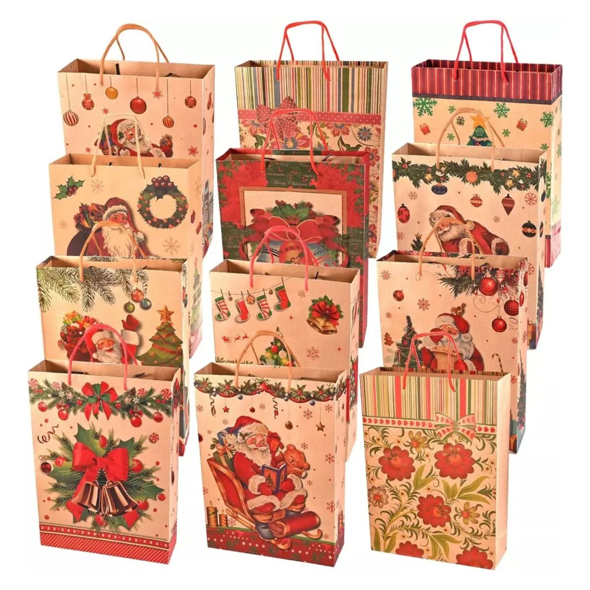 GENERICO - 12 Bolsas Regalo Navidad Kraft Medianas Premium  + 10 Cintas