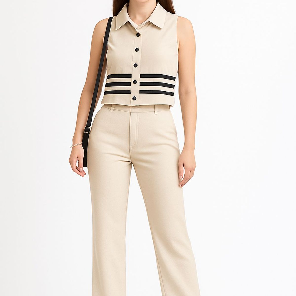 XPRESS RECHARGE - Conjunto femenino elegante sin mangas con detalles en negro