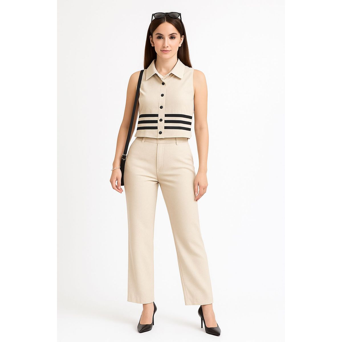 XPRESS RECHARGE - Conjunto femenino elegante sin mangas con detalles en negro