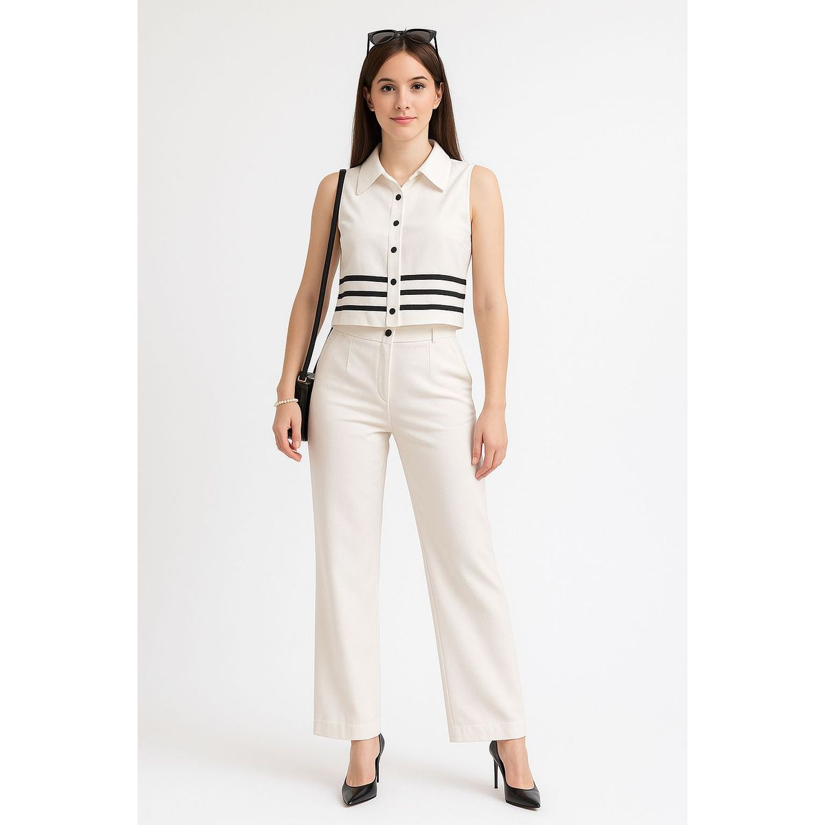 XPRESS RECHARGE - Conjunto femenino elegante sin mangas con detalles en negro