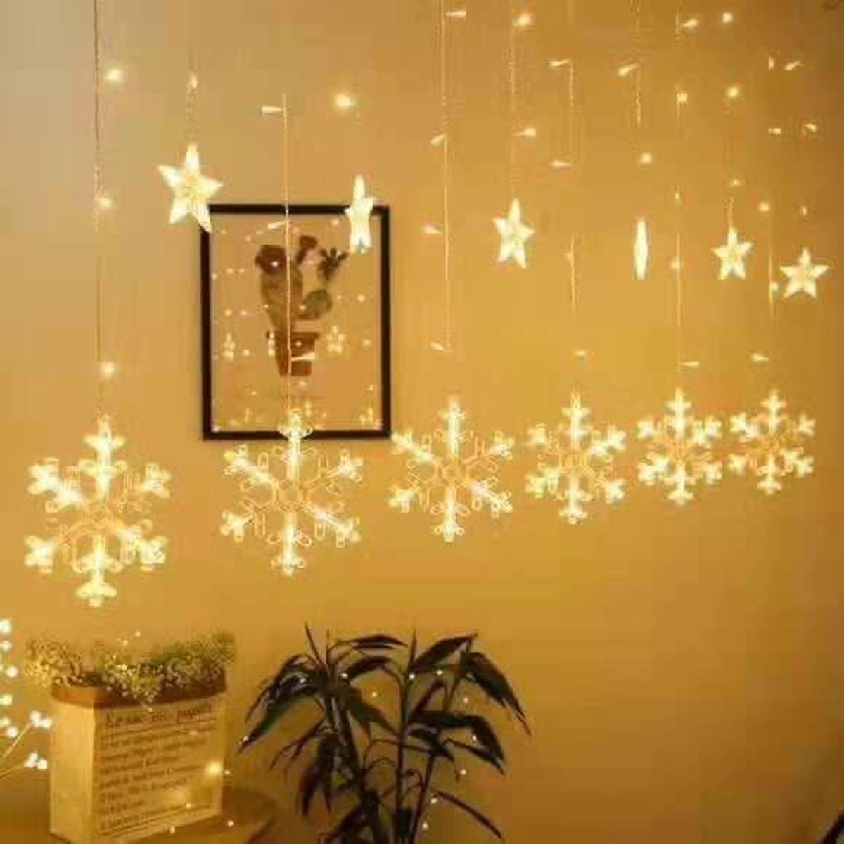 GENERICO - GUIRNALDA DE LUCES ESTRELLAS CON COPOS DE NIEVE