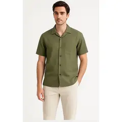 XPRESS RECHARGE - Camisa negra de lino para hombre manga corta de alta calidad