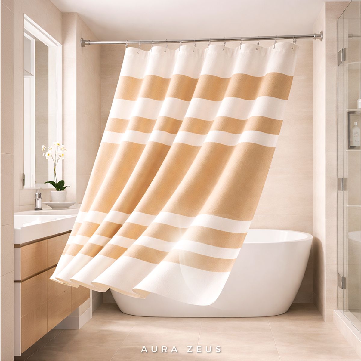 AZ AURAZEUS - Cortina De Baño Diseño Impermeable Tela Bano + 12 Ganchos Aura Zeus 200 x 180 Cm