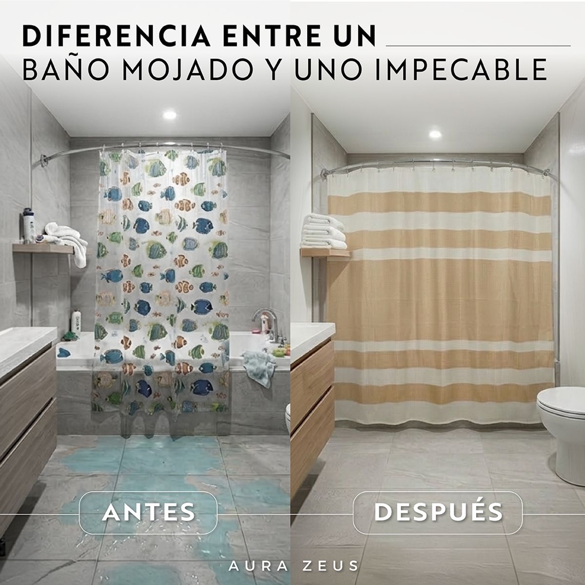 AZ AURAZEUS - Cortina De Baño Diseño Impermeable Tela Bano + 12 Ganchos Aura Zeus 200 x 180 Cm