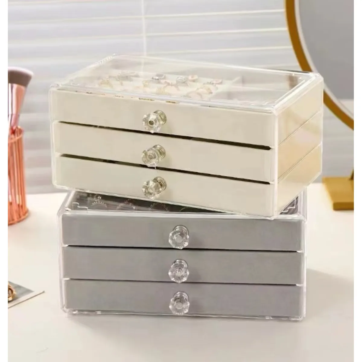 GENERICO - Joyero Organizador De Terciopelo Con 3 Cajones Beige