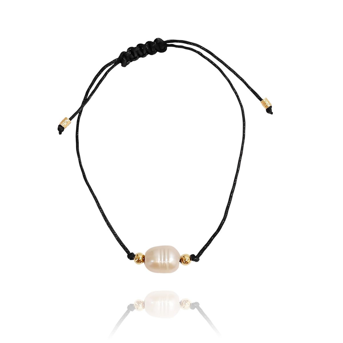 COGGIOLA - Pulsera Perla De Río Cordón Negro Bolita Enchapado Oro 18K