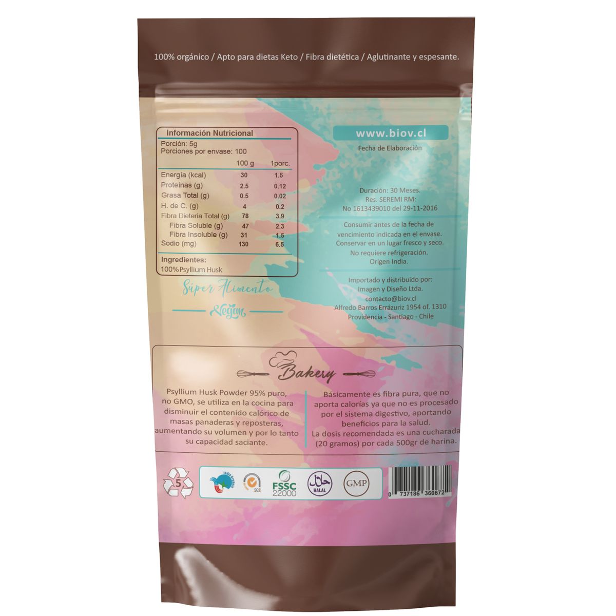 BIOV - Psyllium Husk Organico en Polvo 500gr Keto Vegano Bio V