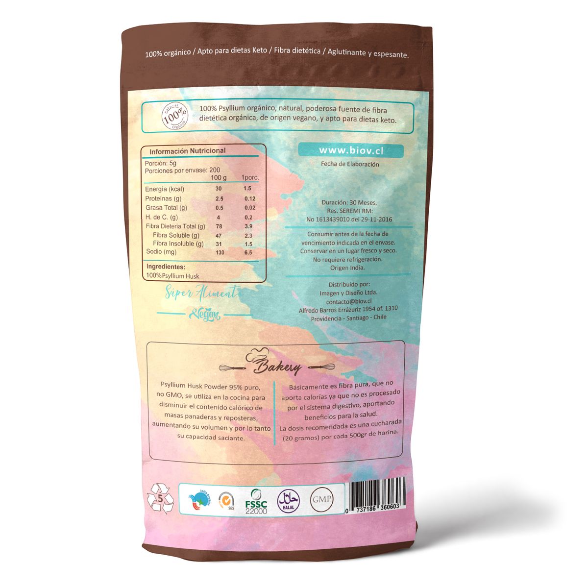 BIOV - Psyllium Husk Orgánico en Polvo 1Kg Keto Vegano BioV