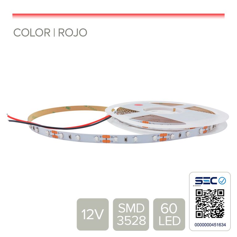 CINTA LED 4.8W 12V 60L Rojo (rollo 5 mt)