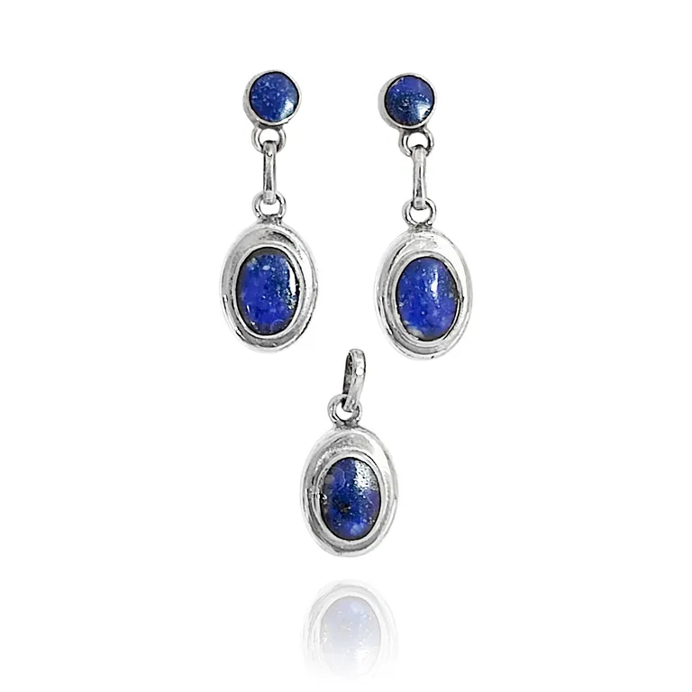 Set Lapislazuli Aros Colgante Doble Bisel Ovalado Plata Fina 950 Azul TALLA UNICA
