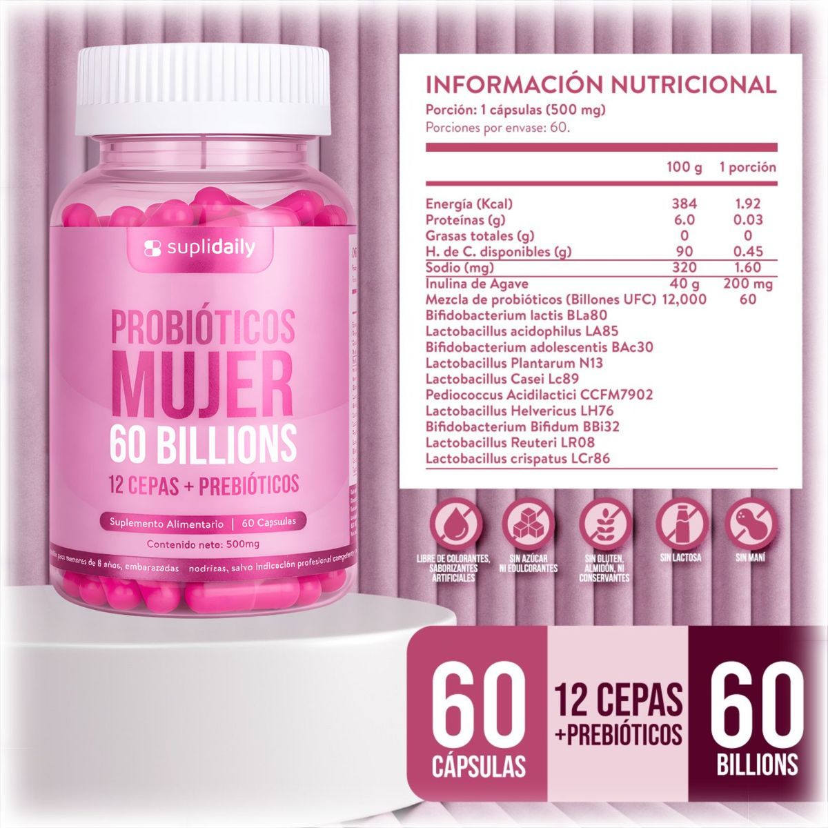 SUPLIDAILY - Probióticos mujer 60 Cap 12 cepas + prebioticos.