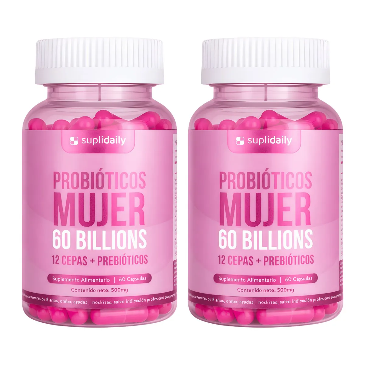 SUPLIDAILY - Probióticos mujer 120 Cap 12 cepas + prebioticos Pack X2.