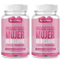 SUPLIDAILY - Probióticos mujer 120 Cap 12 cepas + prebioticos Pack X2