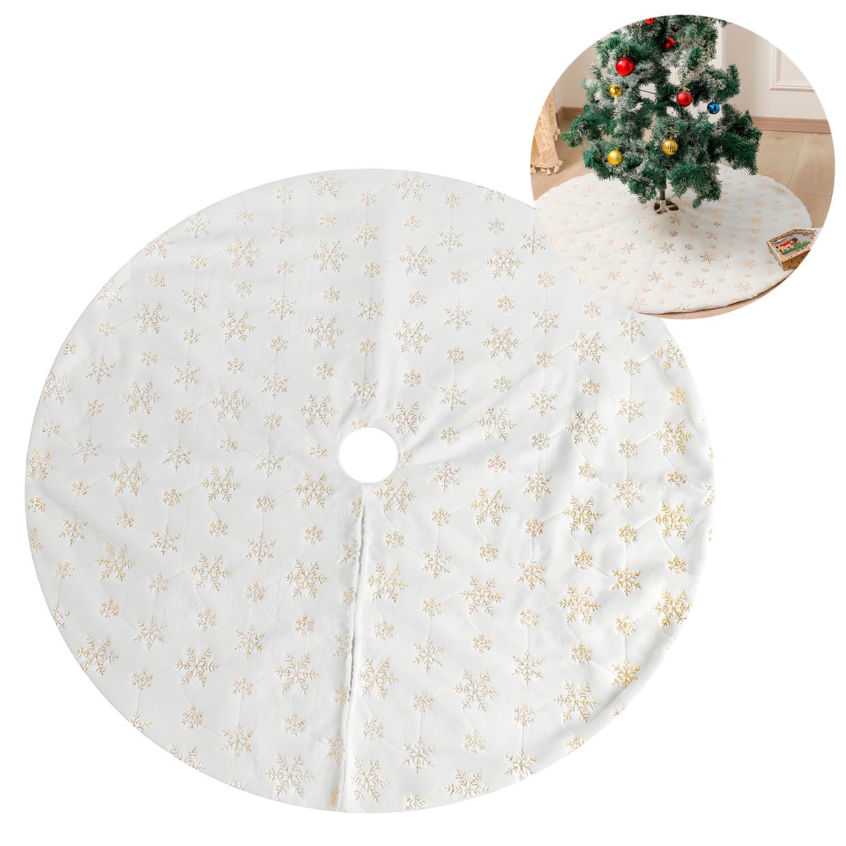 GENERICO - Falda Pie De Árbol 120 cm Copos de Nieve Blanco + Dorado