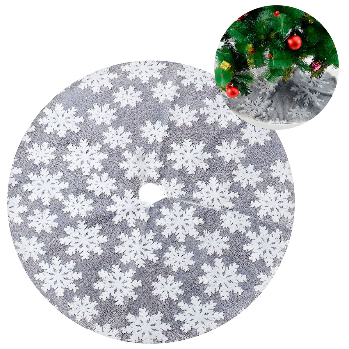 GENERICO - Falda Cubre Pie Árbol Navideño Gris Copos De Nieve 90 Cm