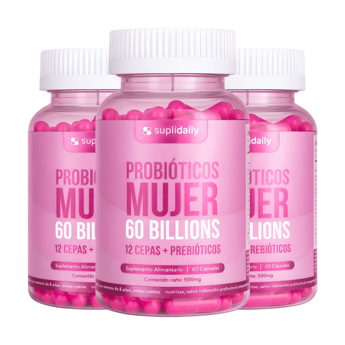 SUPLIDAILY - Probióticos mujer 180 Cap 12 cepas + prebioticos Pack X3.