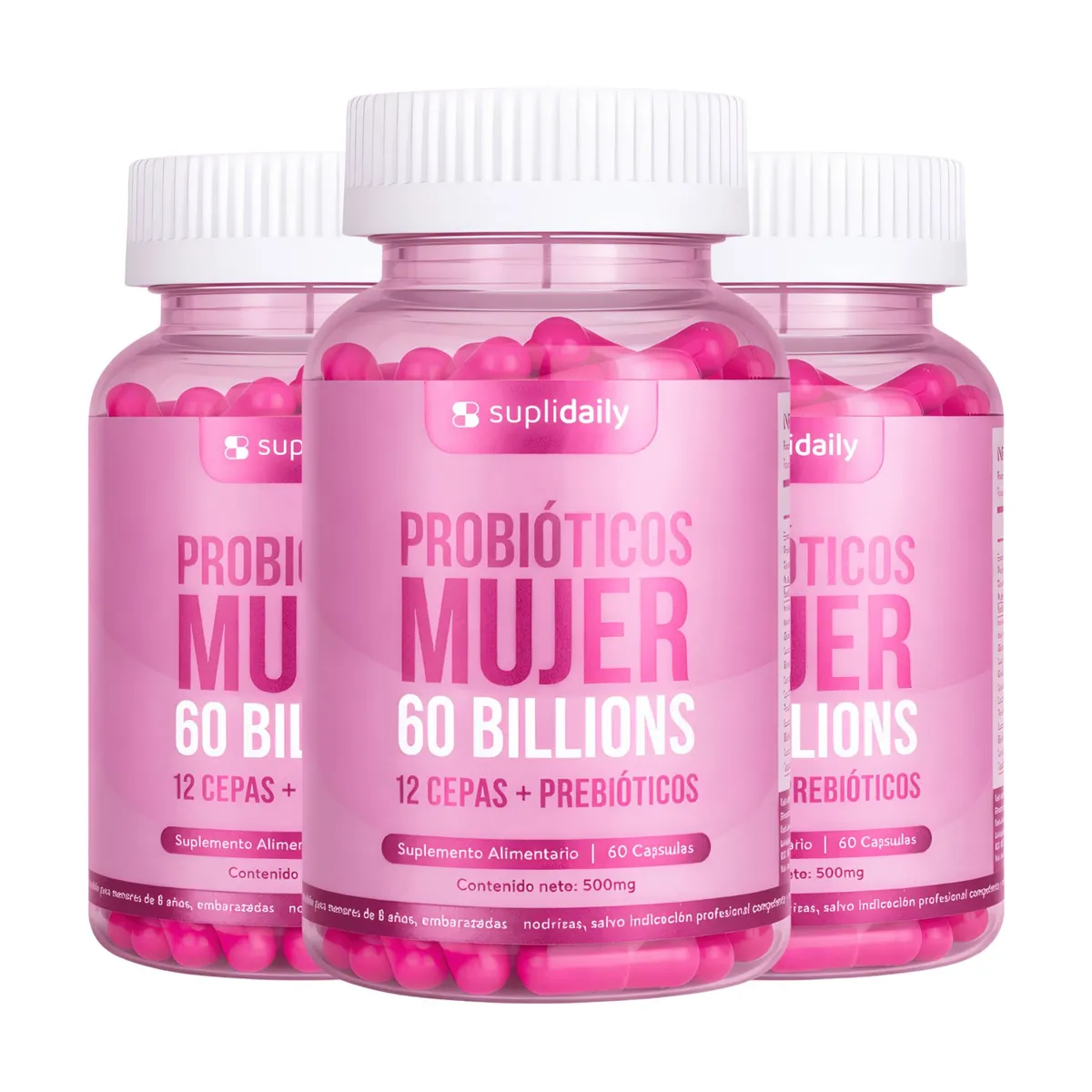 SUPLIDAILY - Probióticos mujer 180 Cap 12 cepas + prebioticos Pack X3.