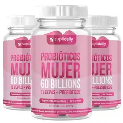 SUPLIDAILY - Probióticos mujer 180 Cap 12 cepas + prebioticos Pack X3