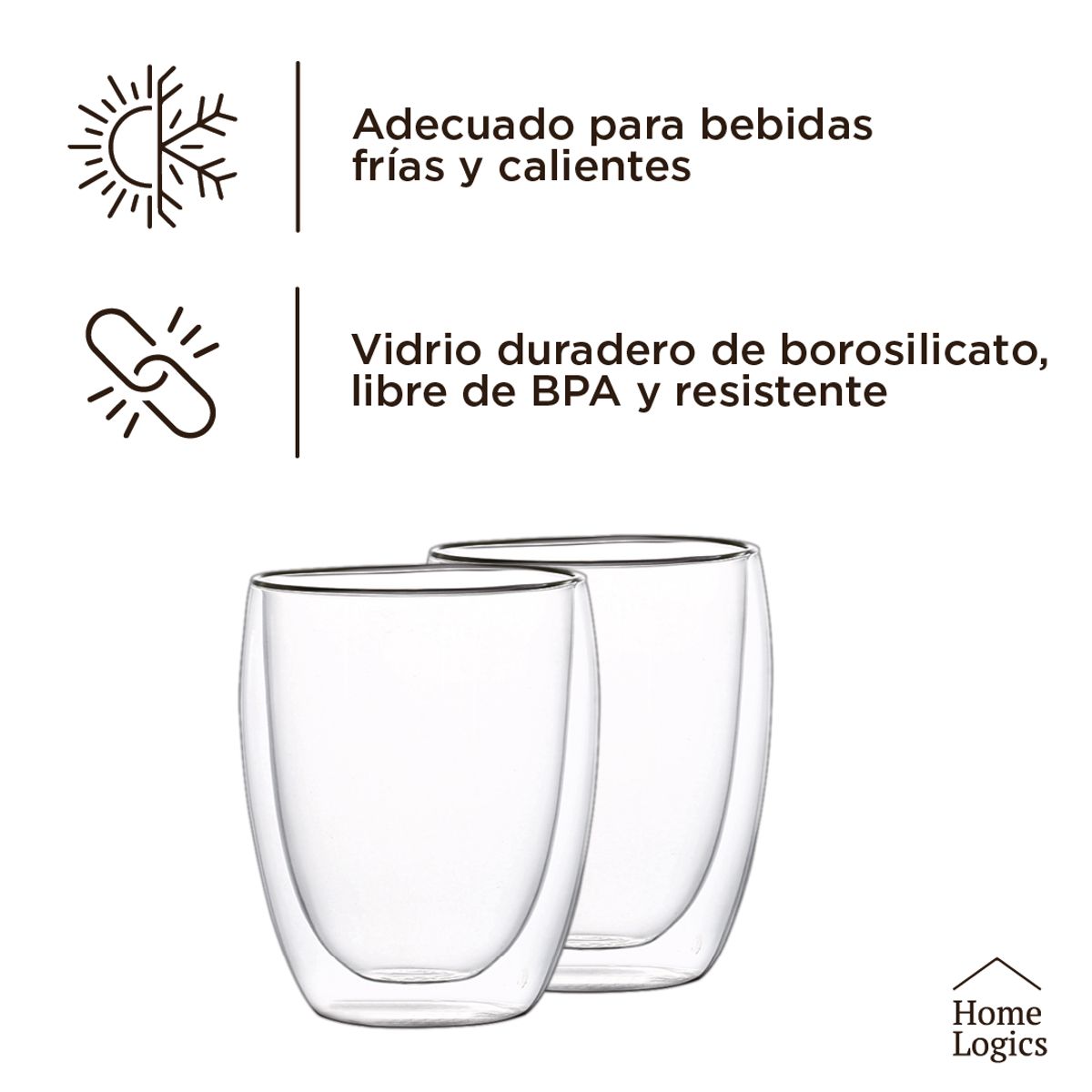 HOME LOGICS - Set 4 Vasos Vidrio Doble Pared 350 ml Home Logics Para Café Kiosclub
