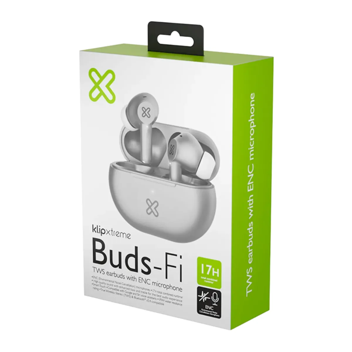 KLIPXTREME - Klip Xtreme KTE-015BK Buds-Fi TWS Audífonos Inalámbricos, Bluetooth 5.4, Micrófono ENC, 13mm, 17H de Autonomía, IPX4, Toque Inteligente, Compatible Siri y Google, Blanco