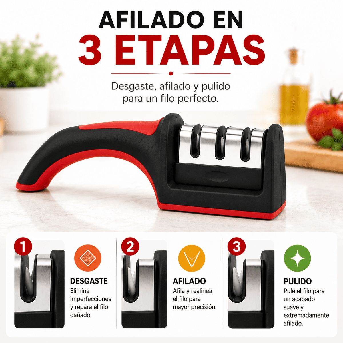 GENERICO - Afilador de Cuchillos New Line – 3 Etapas de Afilado Profesional