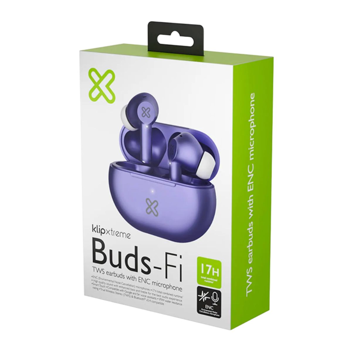 KLIPXTREME - Klip Xtreme KTE-015BK Buds-Fi TWS Audífonos Inalámbricos, Bluetooth 5.4, Micrófono ENC, 13mm, 17H de Autonomía, IPX4, Toque Inteligente, Compatible Siri y Google, Purpura