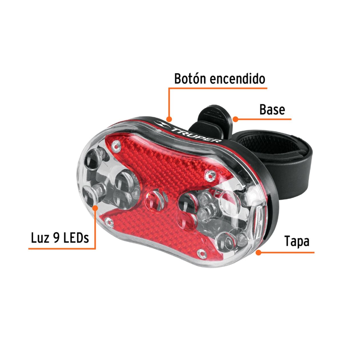 TRUPER - Luz Trasera Bicicleta 9 LED Roja  IPX4 c/6 Modos de Destello y Soporte