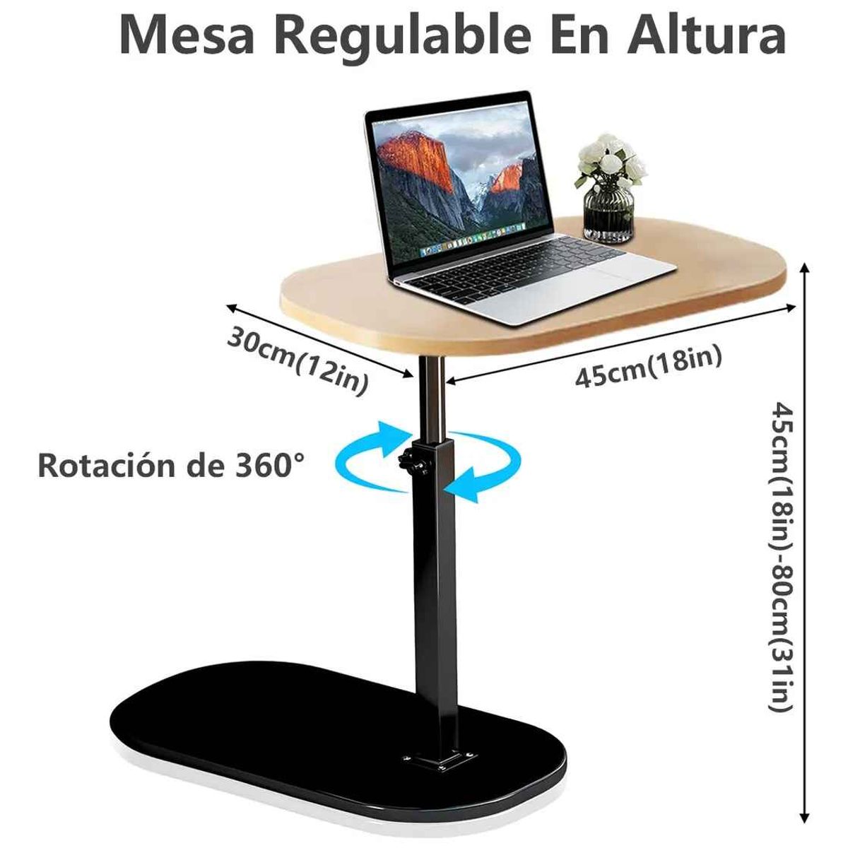GENERICO - Mesa Auxiliar Tipo C Giratoria Altura Ajustable Living Pieza Marrón