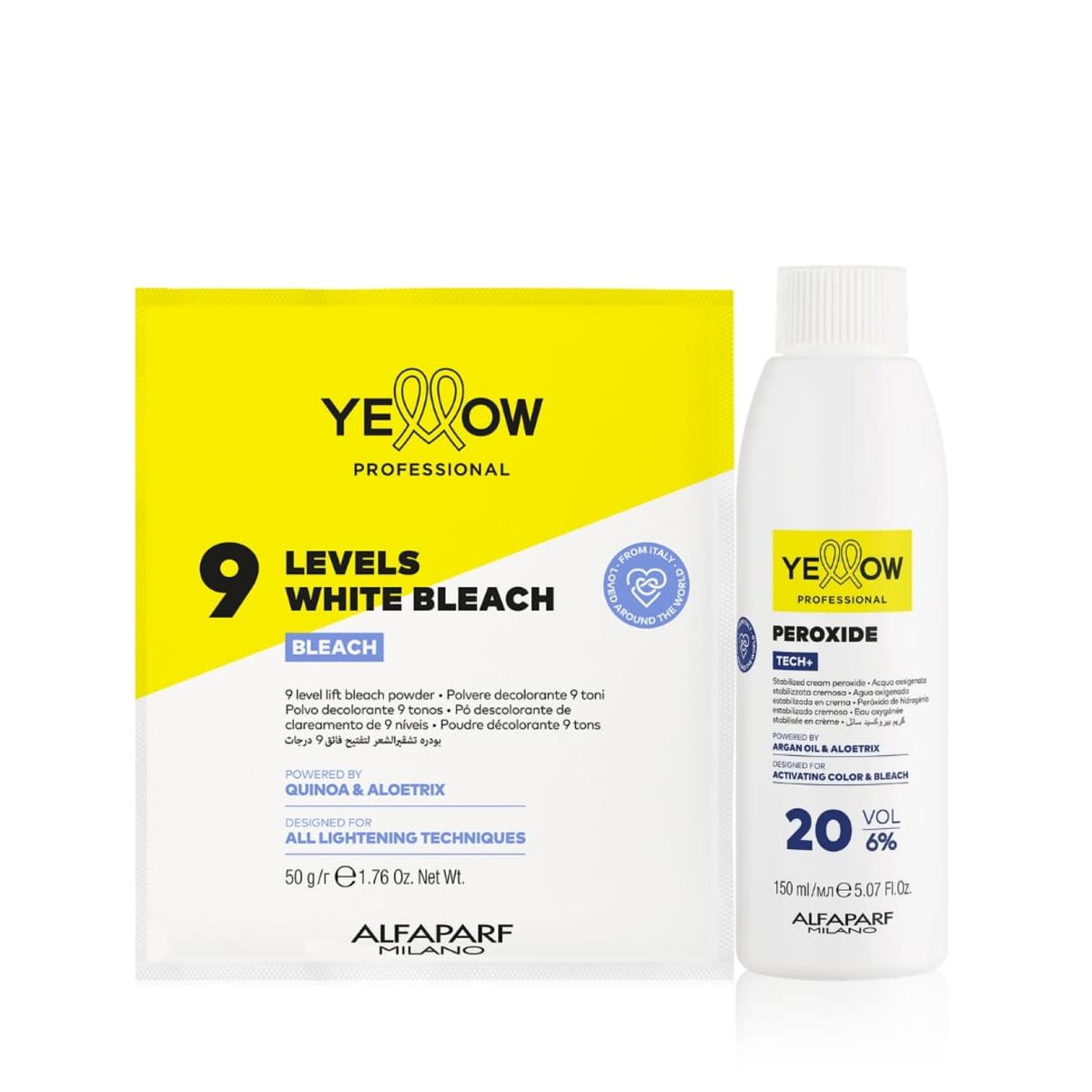 ALFAPARF MILANO - KIT POLVO DECOLORANTE 9 TONOS SOBRE 50 G + OXID. 20 VOL 120 ML YELLOW ALFAPARF