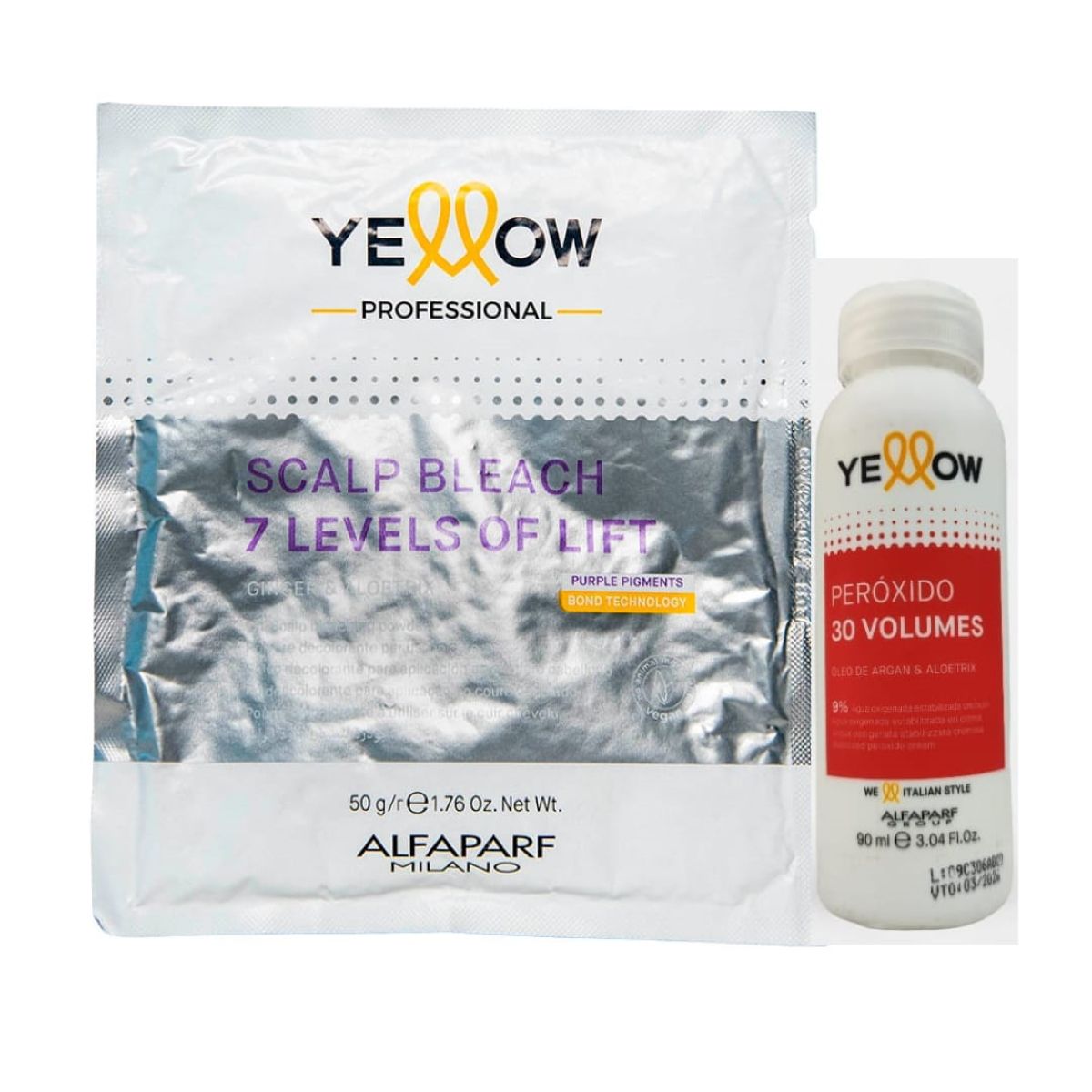 ALFAPARF MILANO - KIT POLVO DECOLORANTE 7 TONOS 50 G (SCALP - CUERO CABELLUDO) + OXID. 30 VOL 90 ML YELLOW ALFAPARF