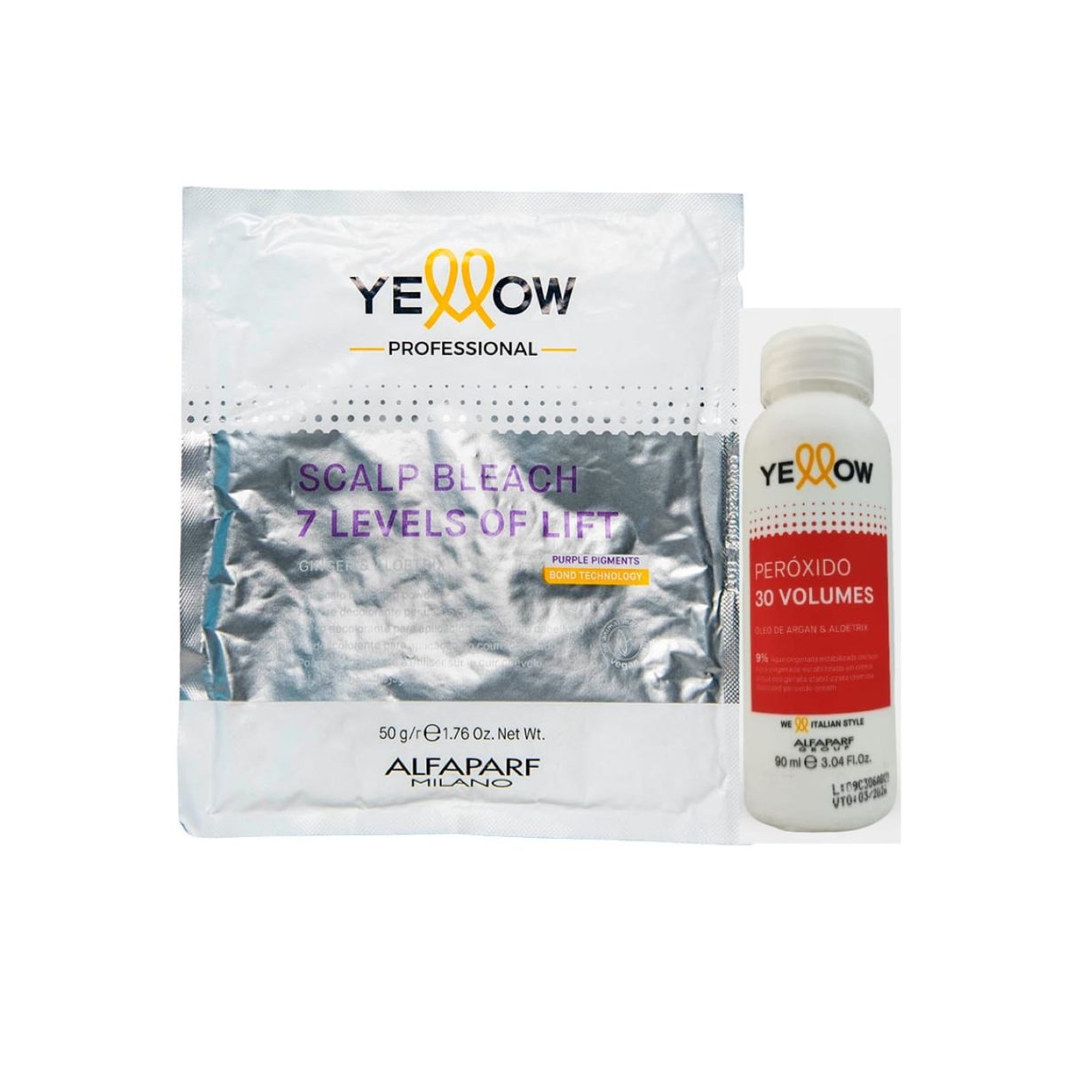 ALFAPARF MILANO - KIT POLVO DECOLORANTE 7 TONOS 50 G (SCALP - CUERO CABELLUDO) + OXID. 30 VOL 90 ML YELLOW ALFAPARF