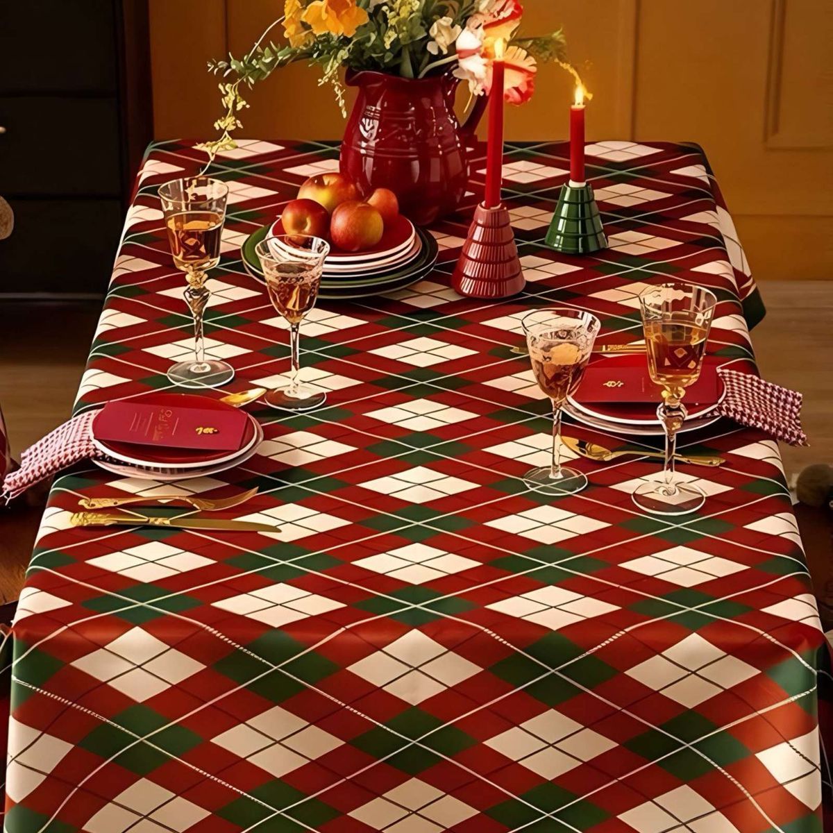 GENERICO - SET MANTEL MÁS 6 FUNDAS DE SILLAS ANTIMANCHAS NAVIDEÑO 140X220