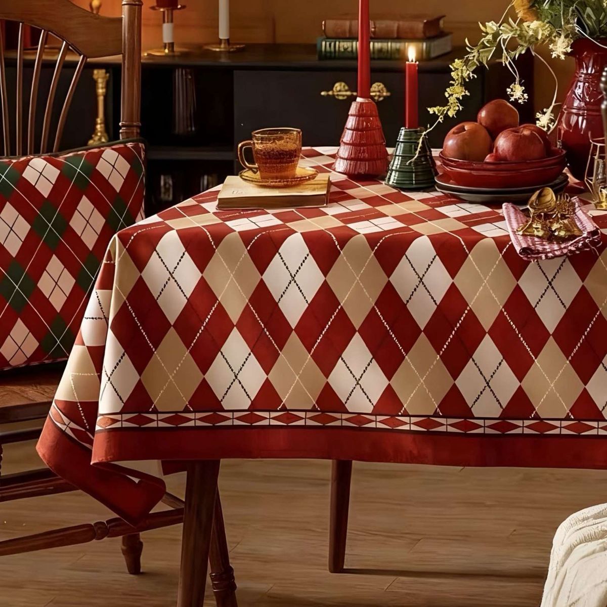 GENERICO - JUEGO MANTEL MÁS 6 FUNDAS DE SILLAS ANTIMANCHAS NAVIDEÑO 140X220
